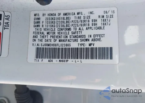 2015 Honda Cr-V Touring z USA, uszkodzony, nr VIN 5J6RM3H96FL023865